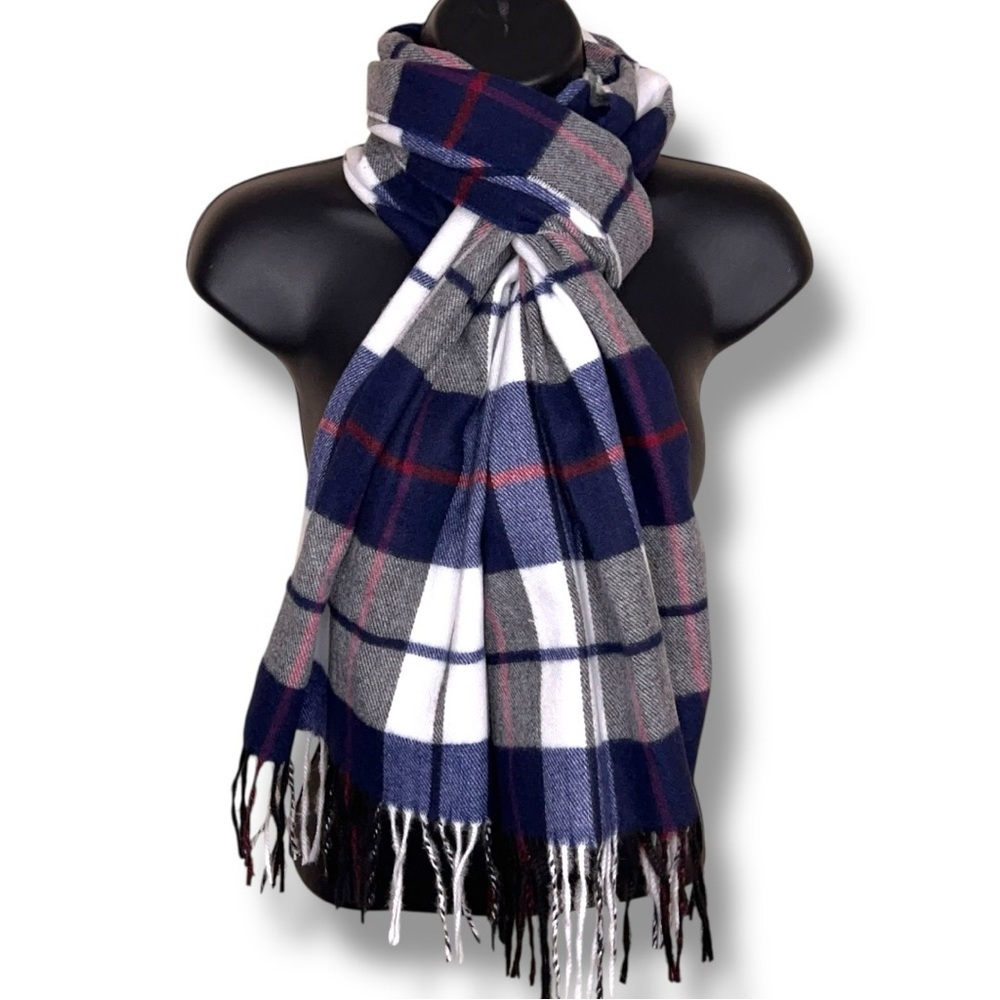 NWT It’s All About The Scarf Soft Flannel Fringe Accent Unisex Blue White Red